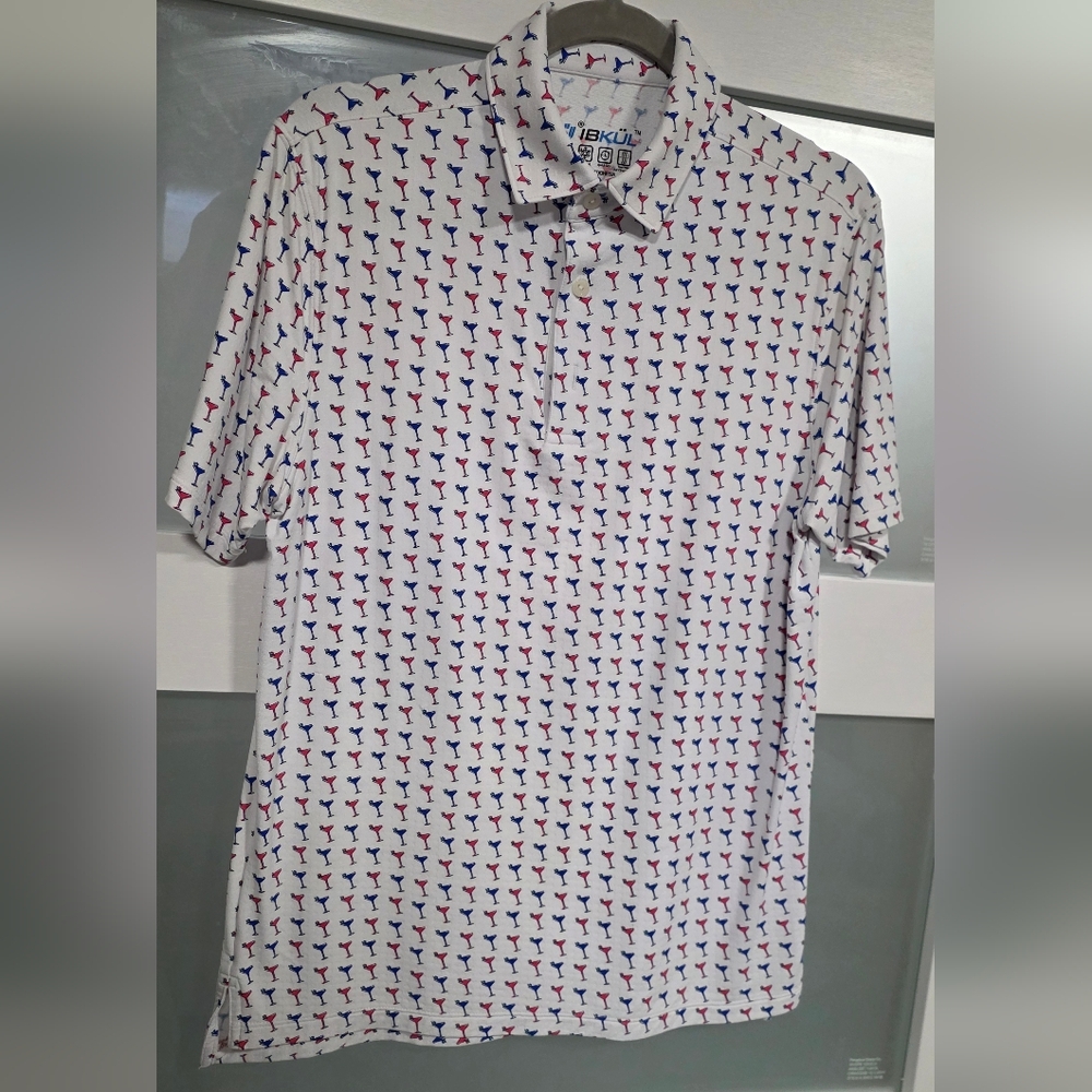 IBKUL White Polo with Red & Blue Martini Motif